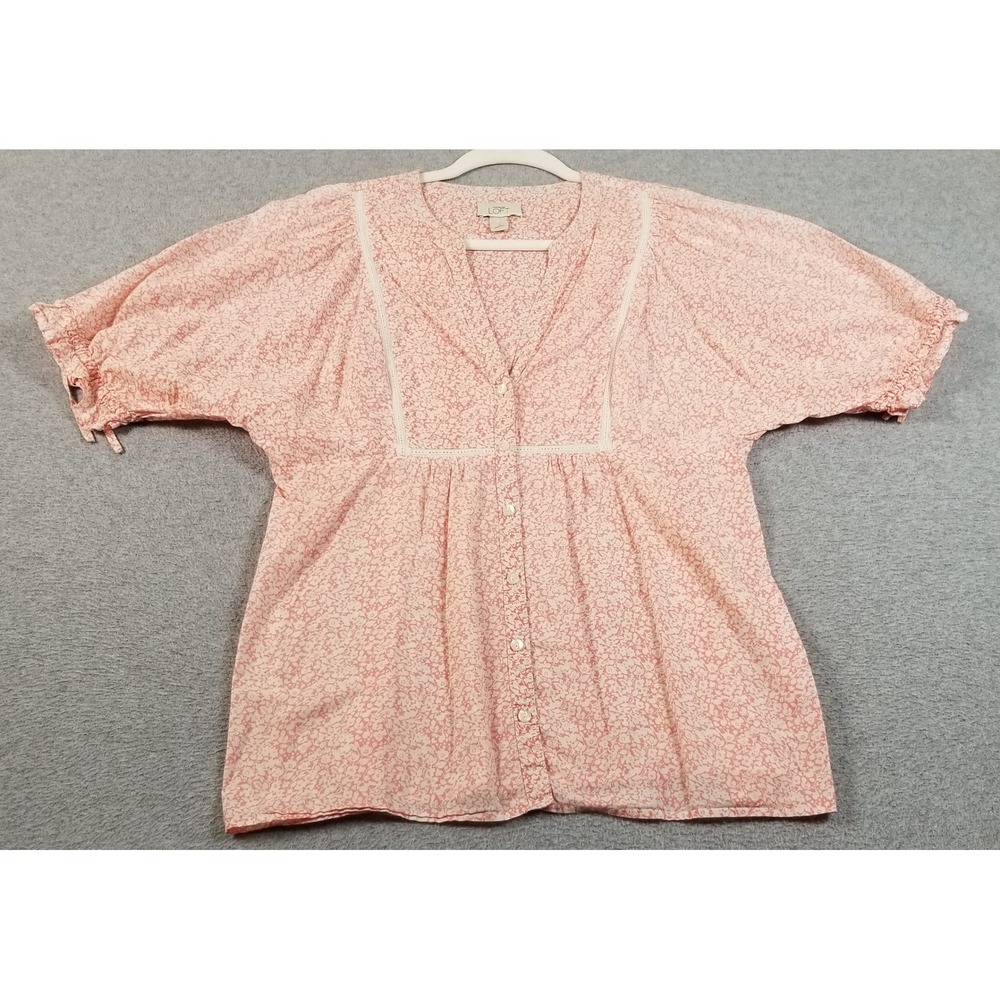 LOFT Top Womens L Large Pink White Floral See Through Button Up Lace Trim Spring